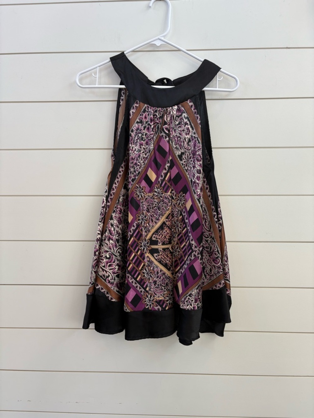 Y2K Sleeveless Black and Purple Printed Halter Top with Brown Accents